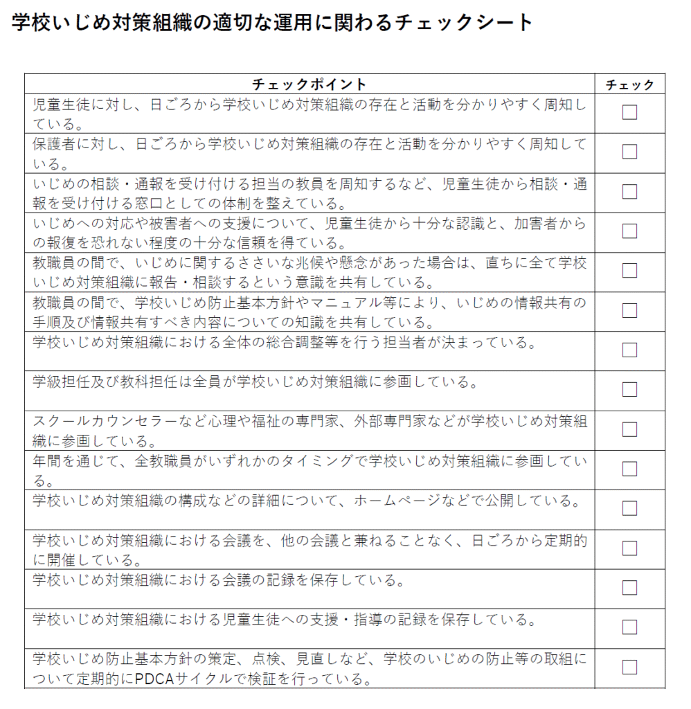 学校いじめ対策組織の適切な運用に関わるチェックリスト